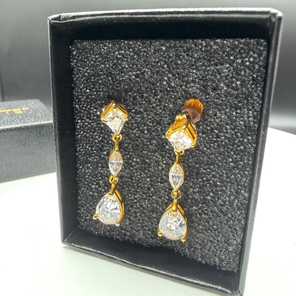 Gold Tone Clear Crystal CZ Long Drop Dangle Earrings Pear Marquise Kite Pierced